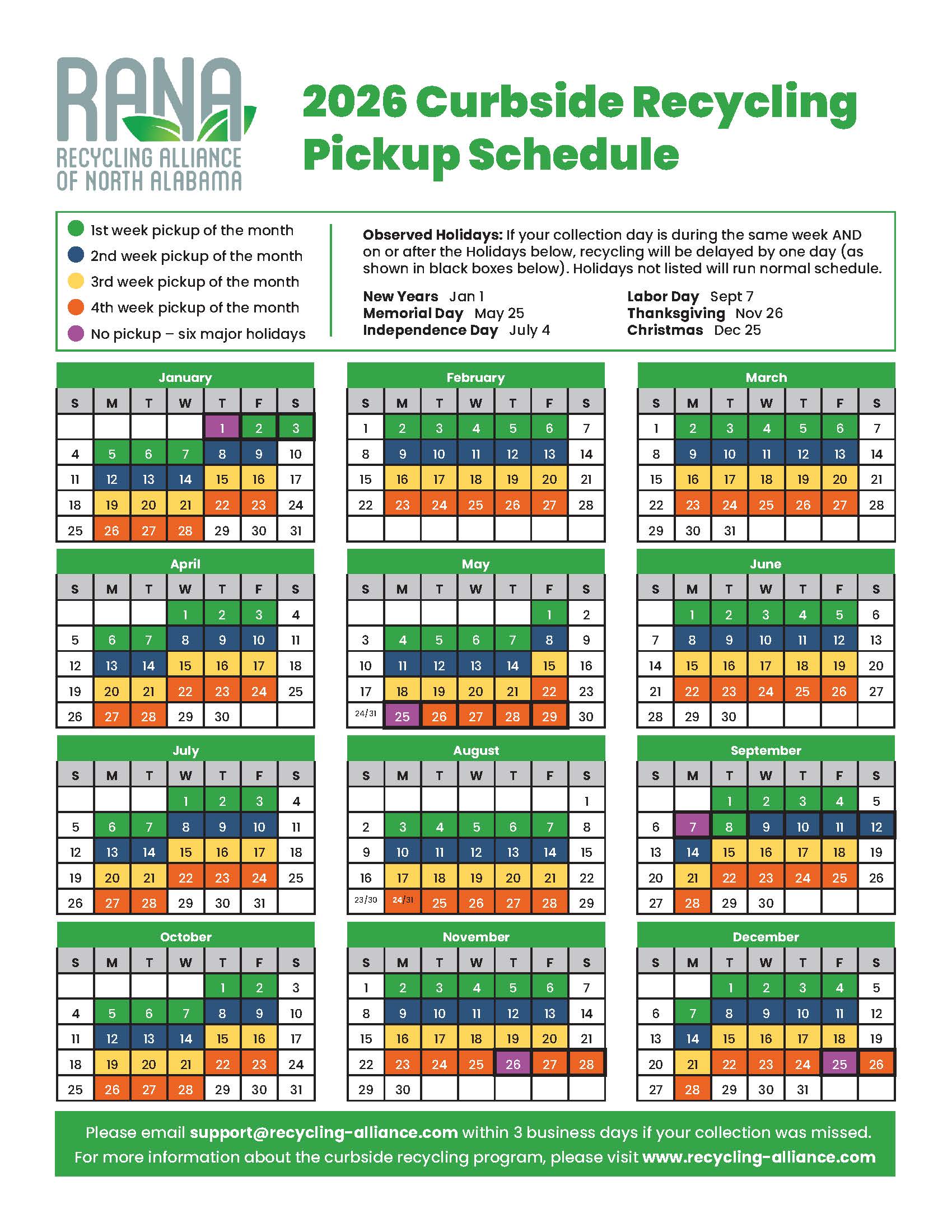 2026_RANA_Calendar_Page_1 2022 Recycling Pickup Schedule